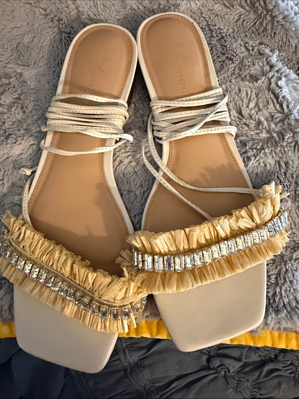 Anthropologie Raffia Fringe Crystal Lace-Up Sandals - Beige & Yellow